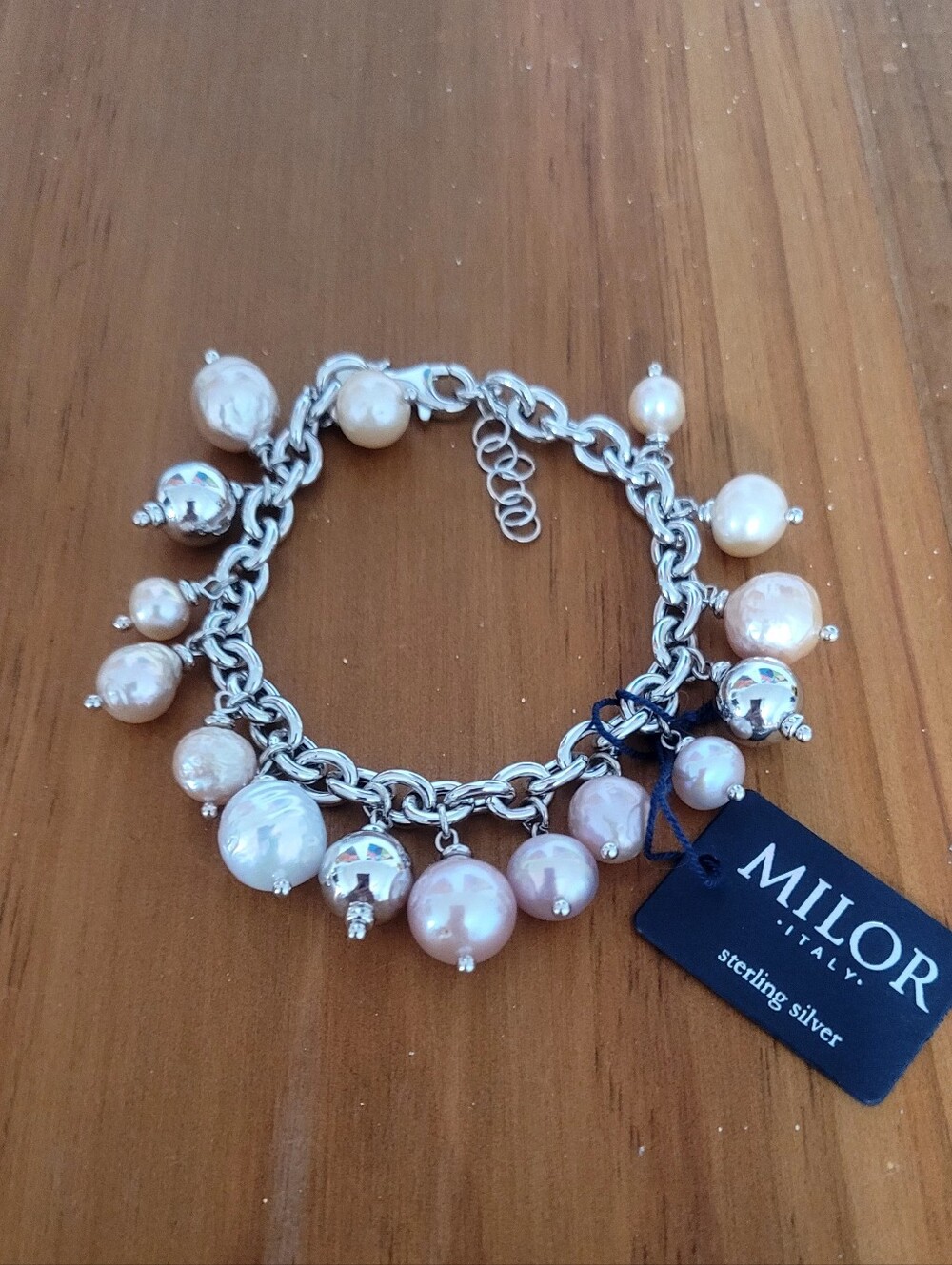 MILOR Sterling Silver Freshwater Multi-size Pearls & S/S Beads Charm Bracelet